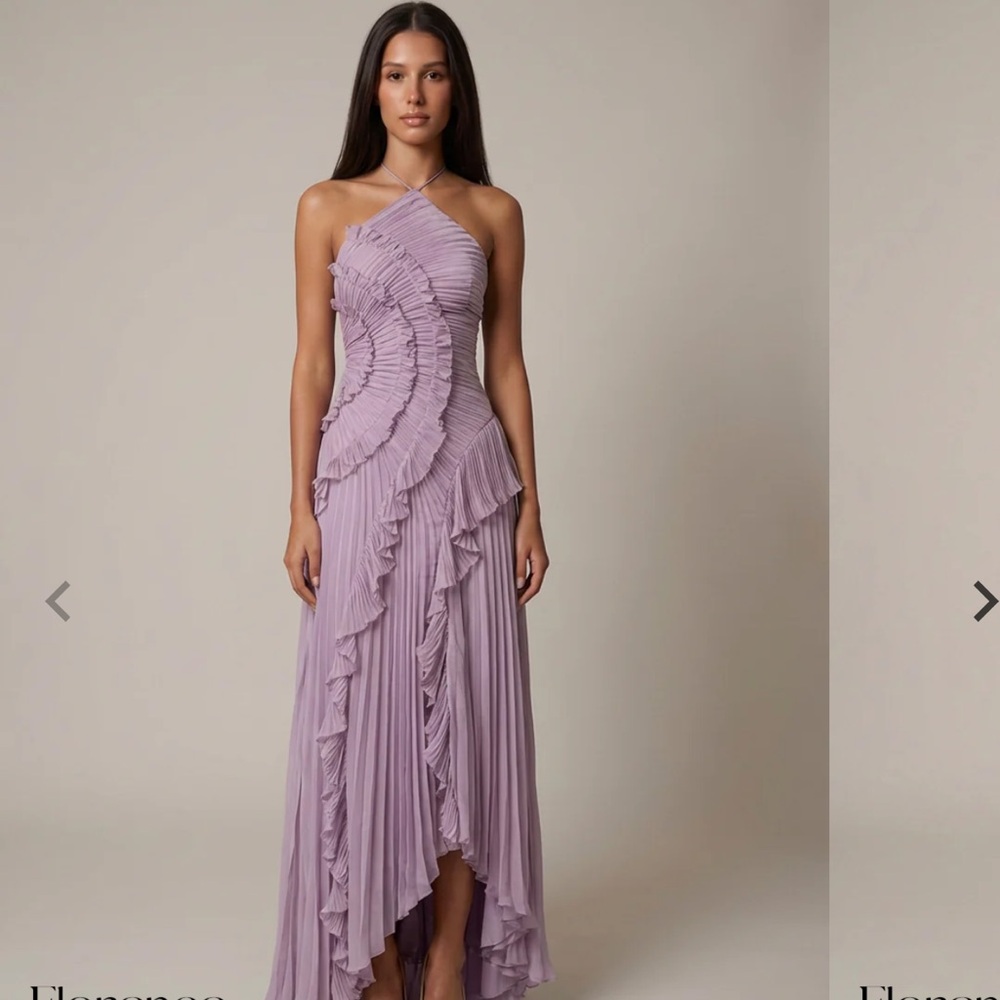 Elegant Lavender Pleated Maxi Dress with Ruffle Detail